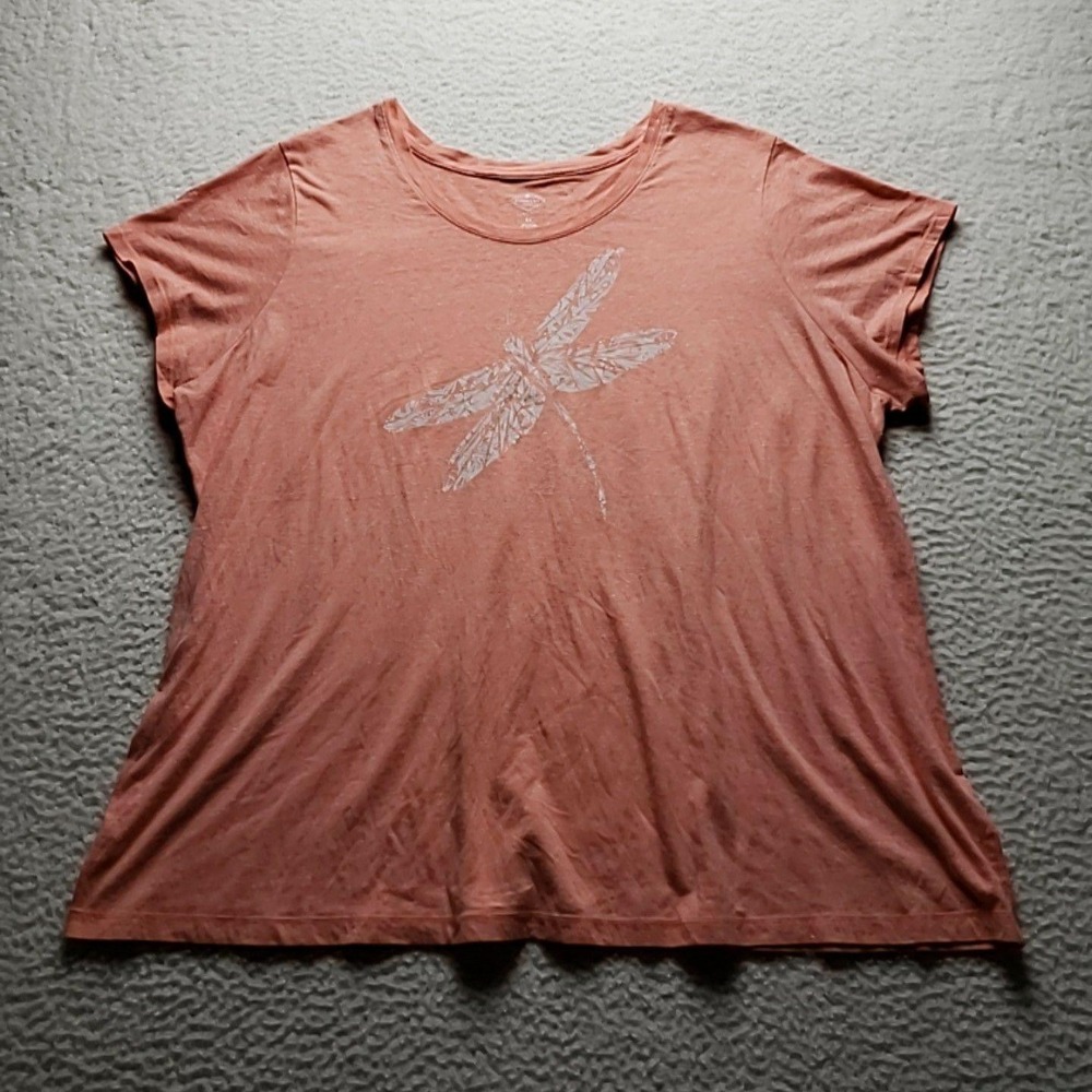 St. John's Bay Shirt Womens Plus 2X Pink Crew Neck Short Sleeve Dragonfly Top
